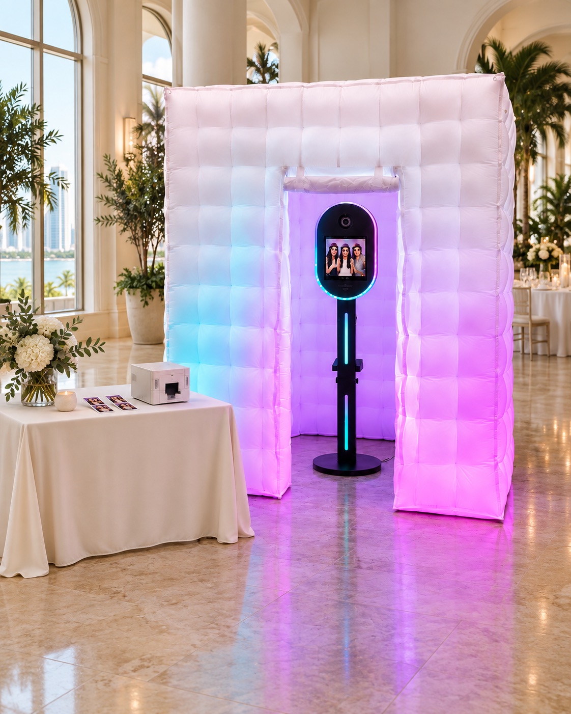 Colorful LED inflatable photo booth with a photo strip printing station