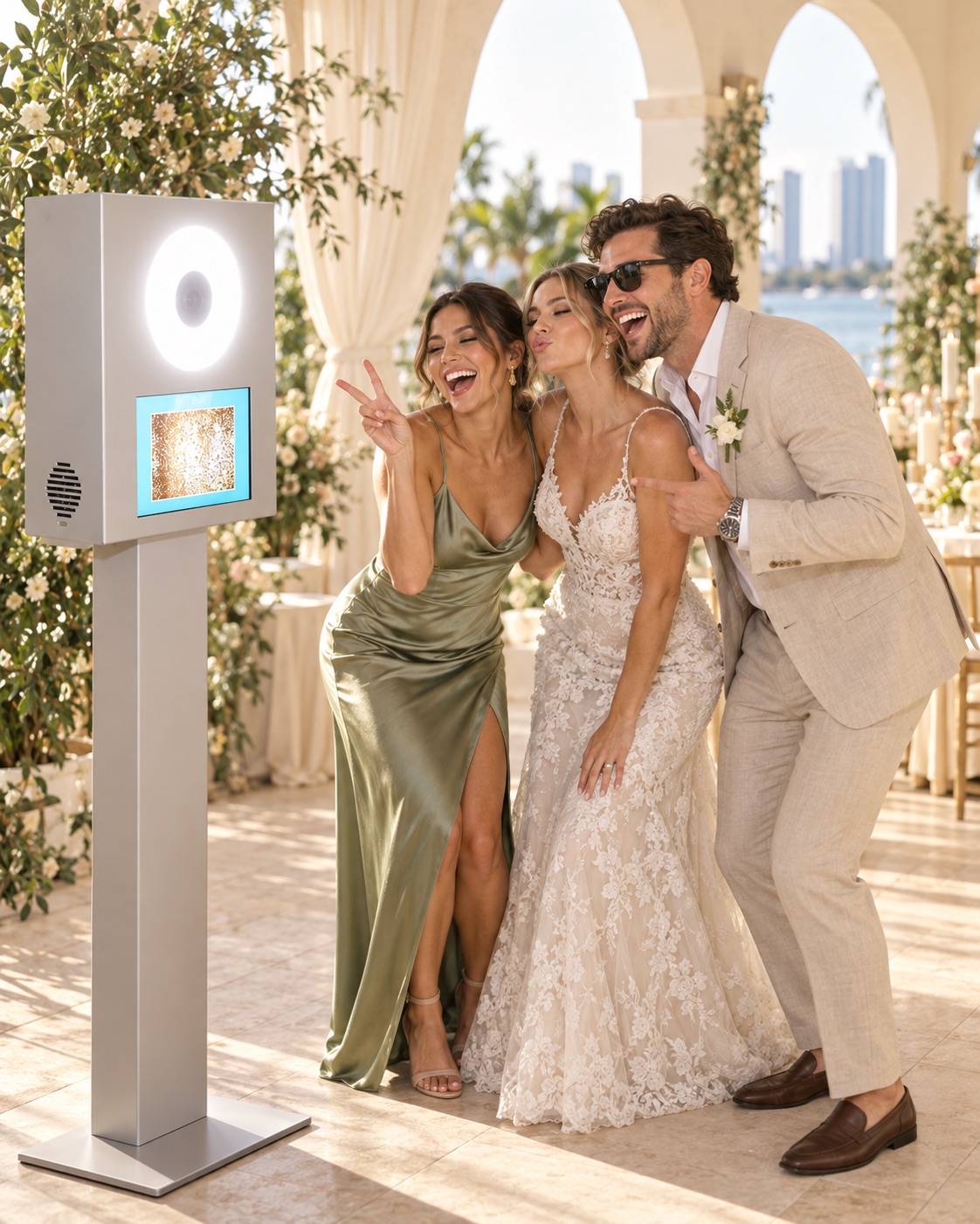 Guests enjoying an open air photo booth at an elegant Miami wedding