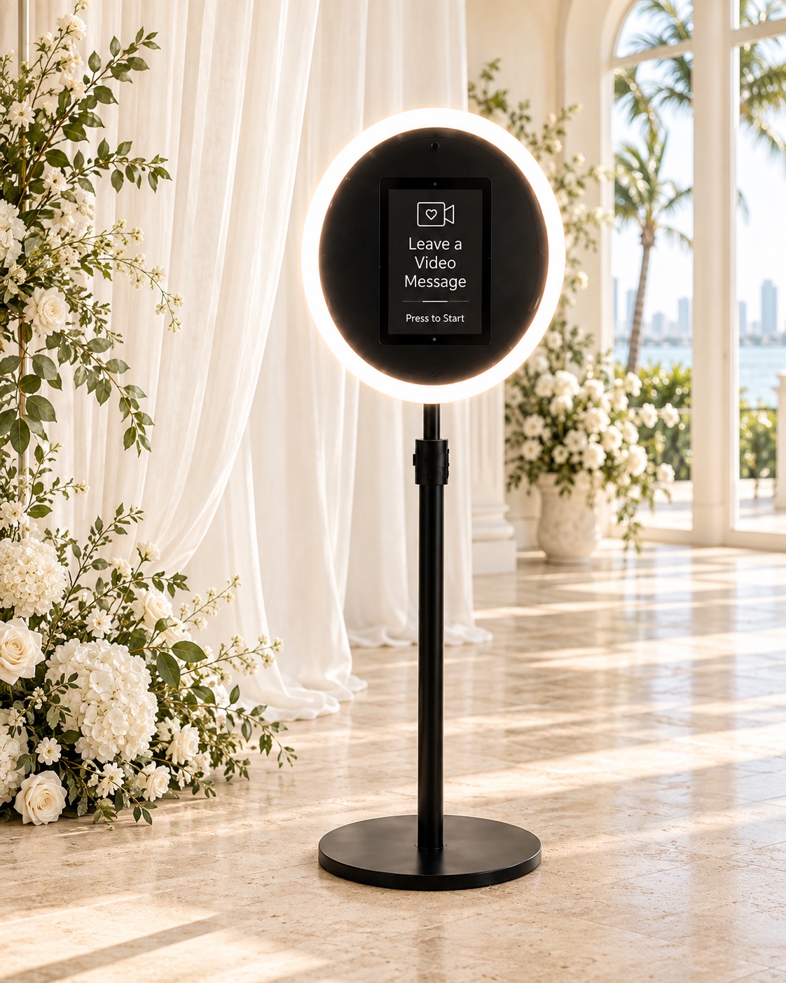 Video Message Booth with a ring light and screen inviting guests to record a message